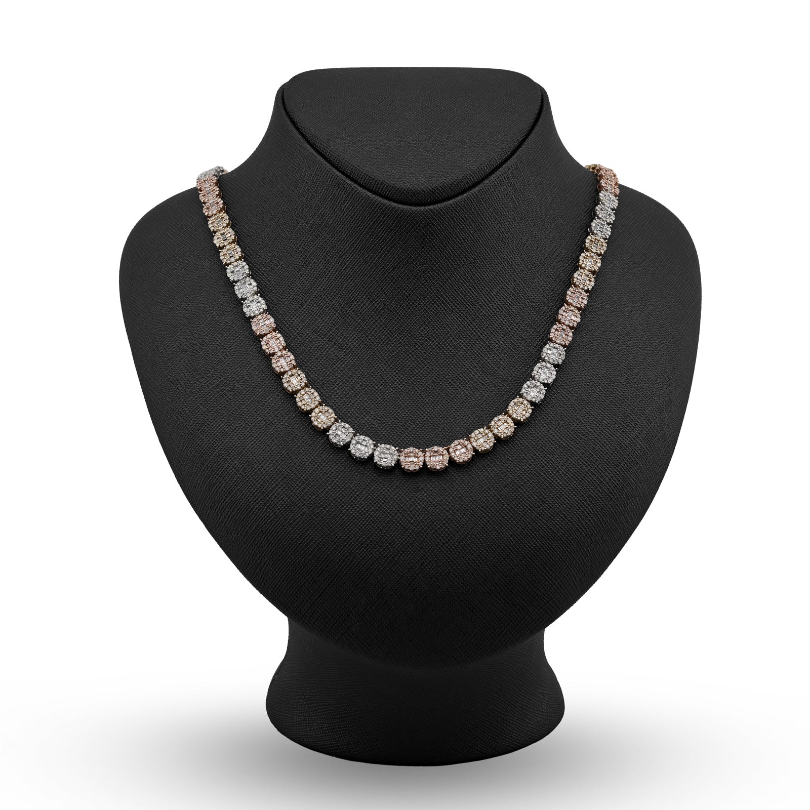 10K Yellow, White & Rose Gold 18.95 CT Natural Diamond Round/Baguette 3 Tone Round Shape Tennis Chain