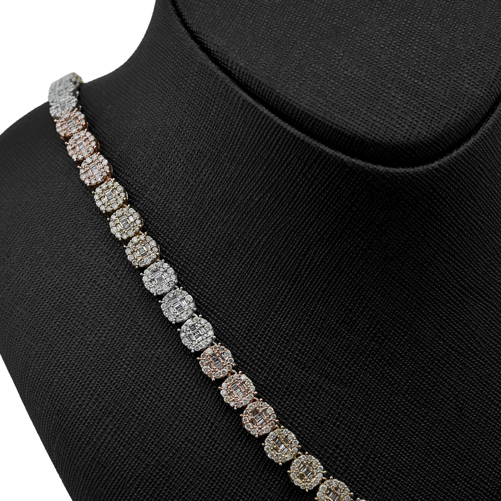 10K Yellow, White & Rose Gold 18.95 CT Natural Diamond Round/Baguette 3 Tone Round Shape Tennis Chain