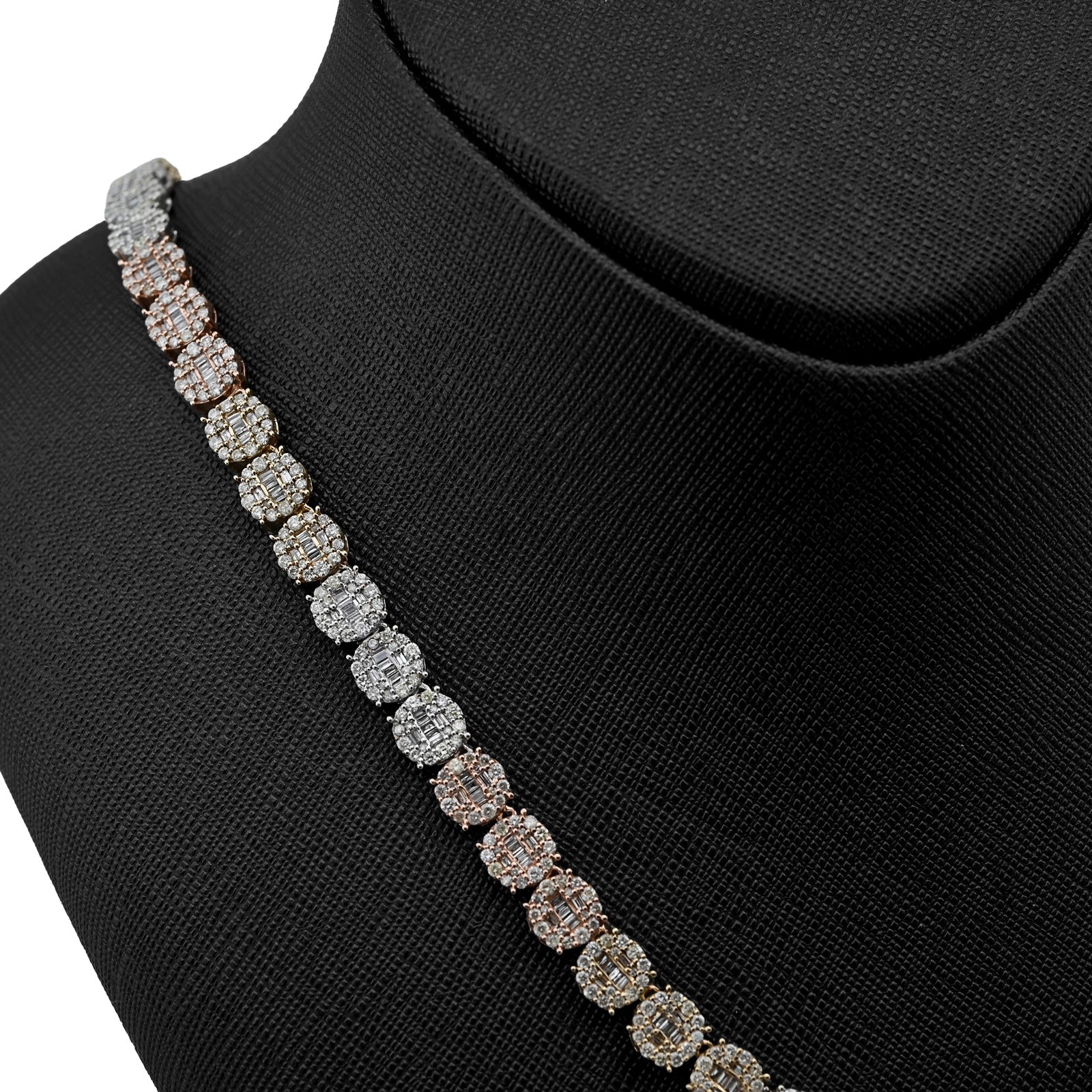 10K Yellow, White & Rose Gold 18.95 CT Natural Diamond Round/Baguette 3 Tone Round Shape Tennis Chain