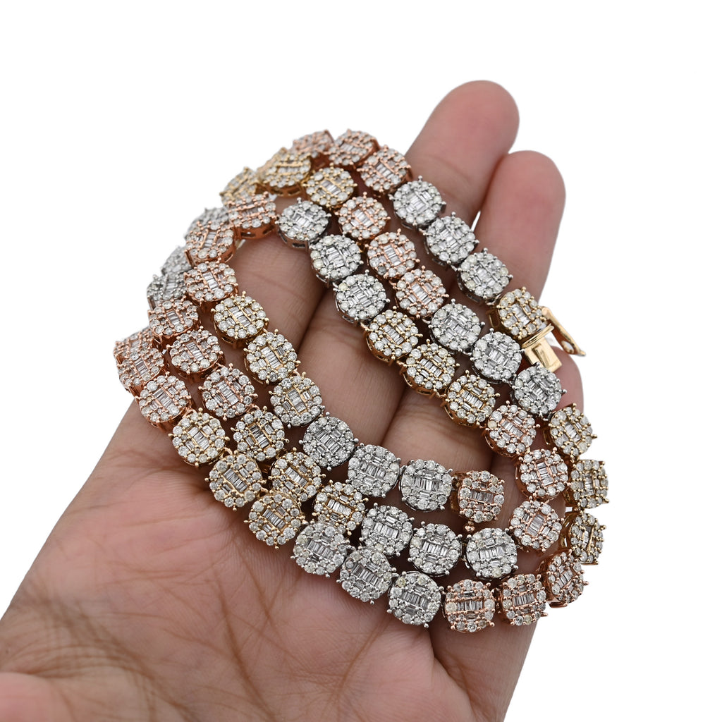 10K Yellow, White & Rose Gold 18.95 CT Natural Diamond Round/Baguette 3 Tone Round Shape Tennis Chain