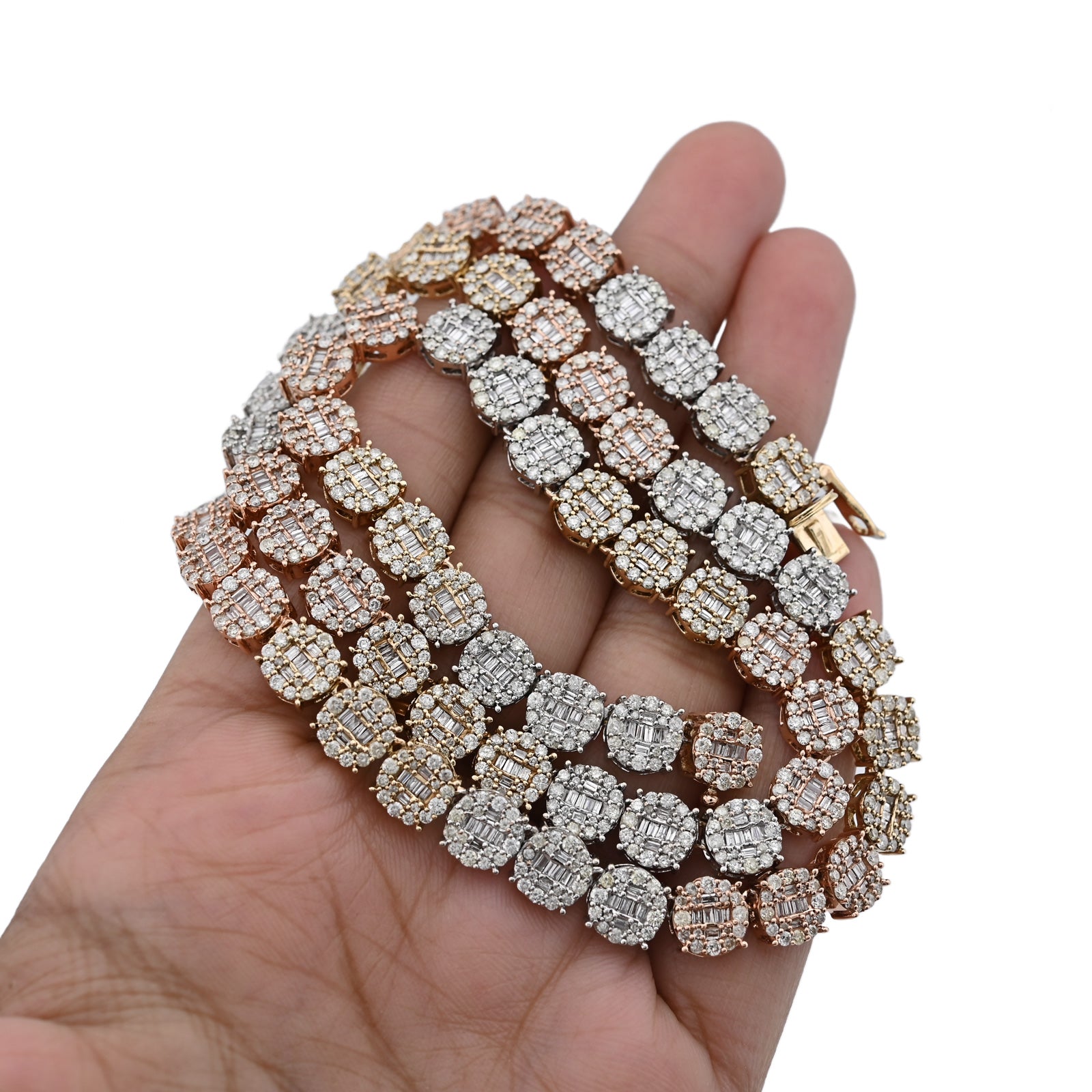10K Yellow, White & Rose Gold 18.95 CT Natural Diamond Round/Baguette 3 Tone Round Shape Tennis Chain