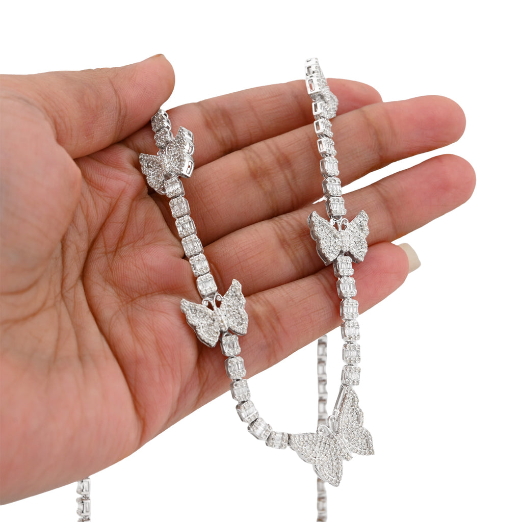 10K White Gold 5.48 CT Round & baguette Natural Diamond Butterfly Tennis Chain 18" Women Necklace 26.5 g