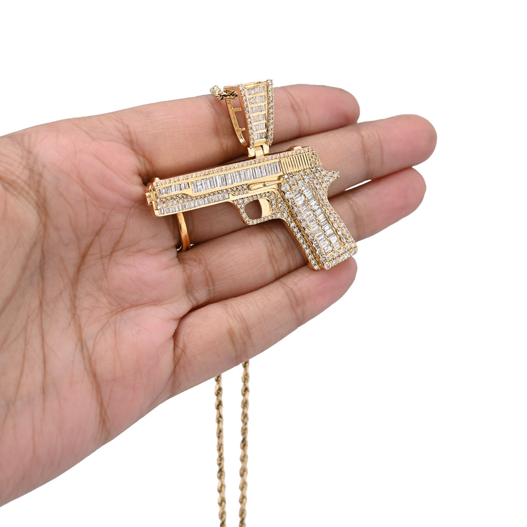10K Yellow Gold 4.50 CT Natural Diamond Round/Baguette Gun Pendant Men's Charm 12.3 g