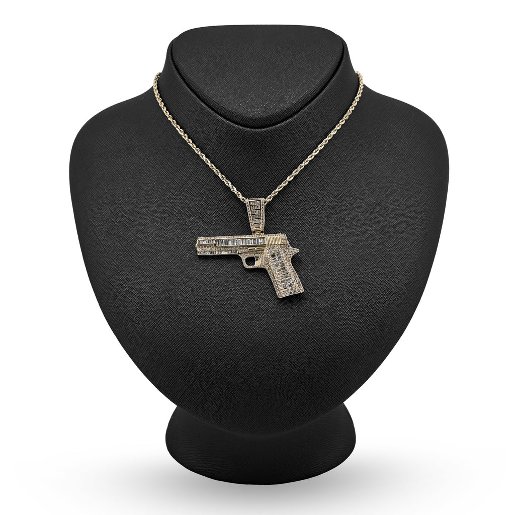 10K Yellow Gold 4.50 CT Natural Diamond Round/Baguette Gun Pendant Men's Charm 12.3 g