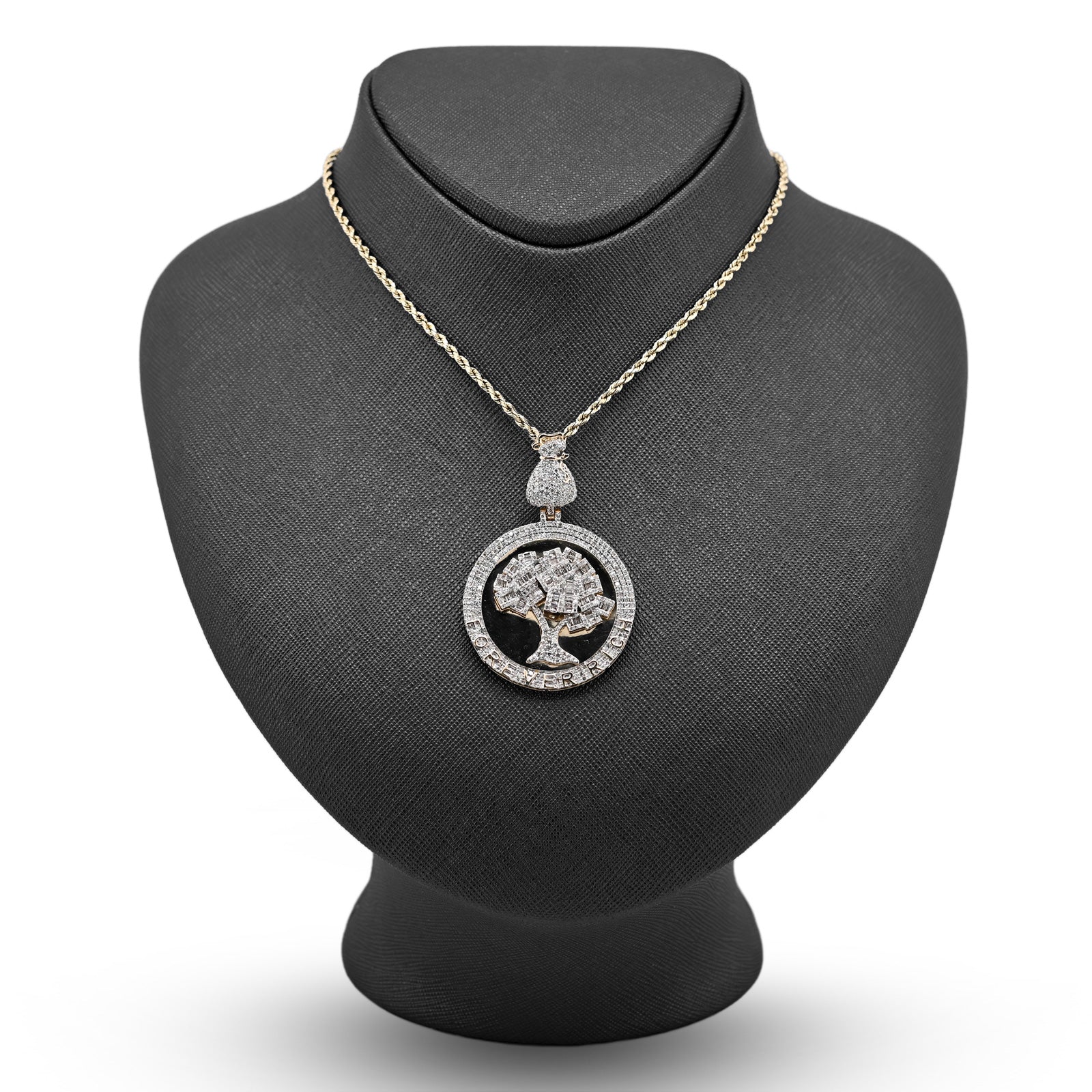 10K Yellow Gold 3.50 CT Natural Diamond Round/Baguette "Forever Rich" $ Tree Pendant 15.4 g Charm