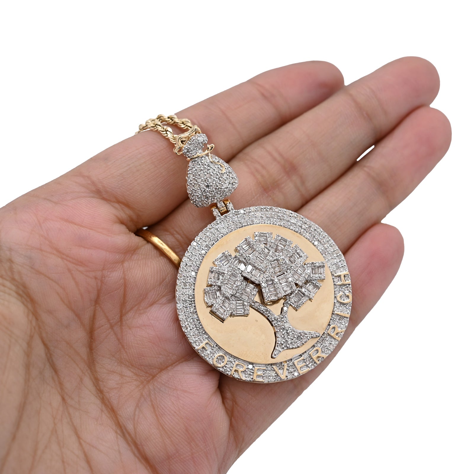 10K Yellow Gold 3.50 CT Natural Diamond Round/Baguette "Forever Rich" $ Tree Pendant 15.4 g Charm
