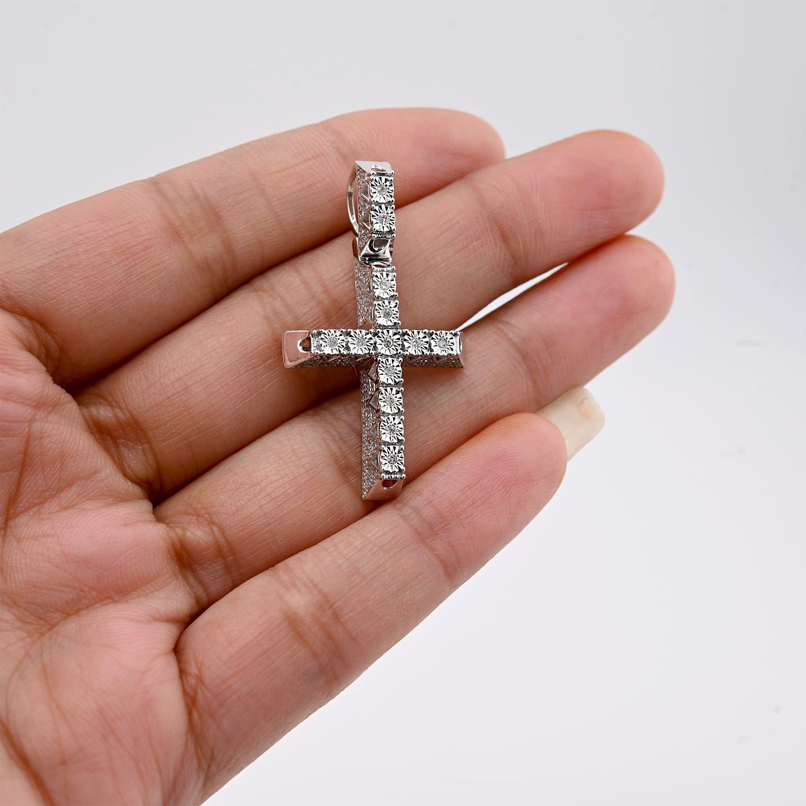 925 Natural Diamond Cross Charm 0.42 ctw Pendant 3.8g 38mm