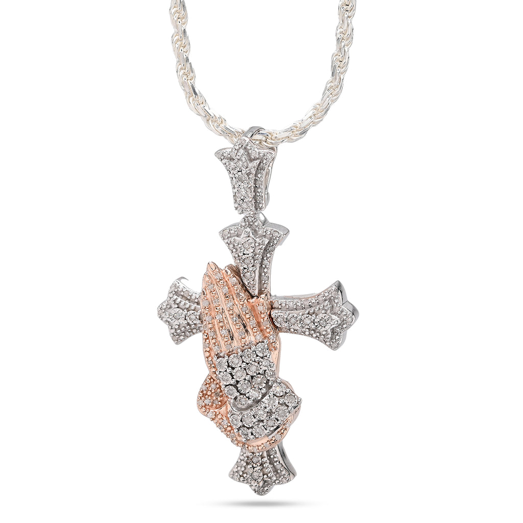 925 Natural Diamond 0.60 CTW Religious Cross Charm Praying Hand Pendant 2.25"