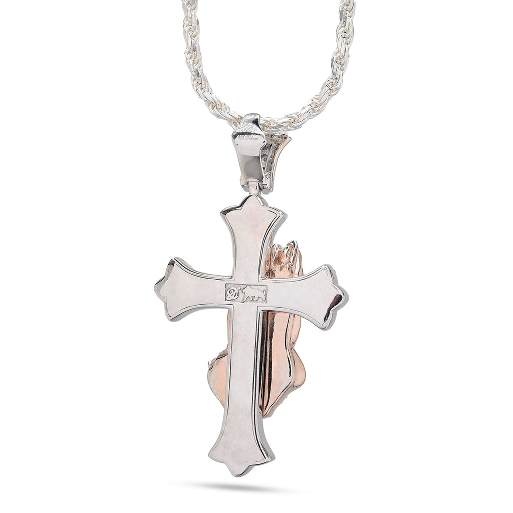 925 Natural Diamond 0.60 CTW Religious Cross Charm Praying Hand Pendant 2.25"