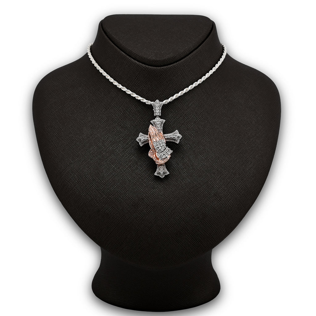 925 Natural Diamond 0.60 CTW Religious Cross Charm Praying Hand Pendant 2.25"