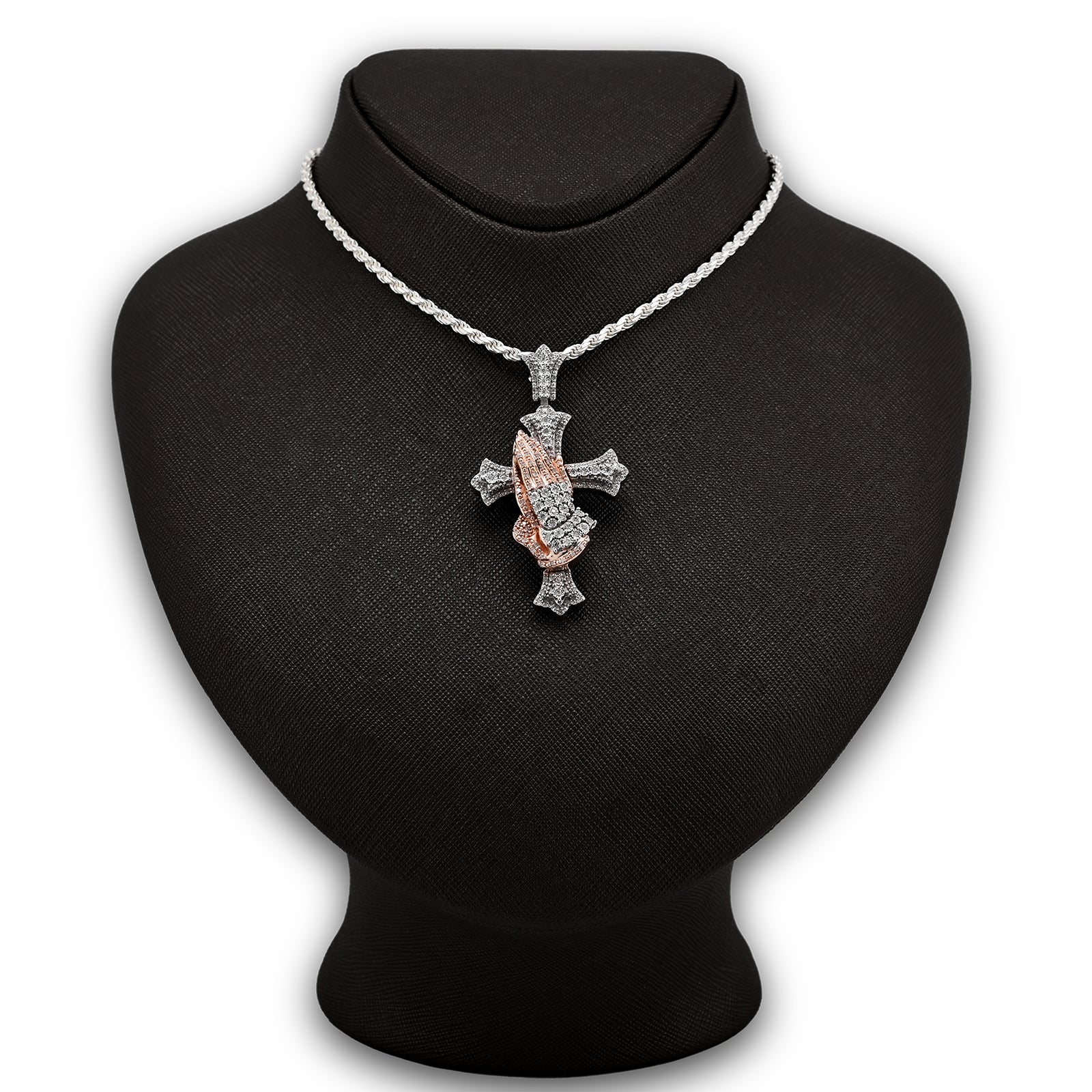 925 Natural Diamond 0.60 CTW Religious Cross Charm Praying Hand Pendant 2.25"