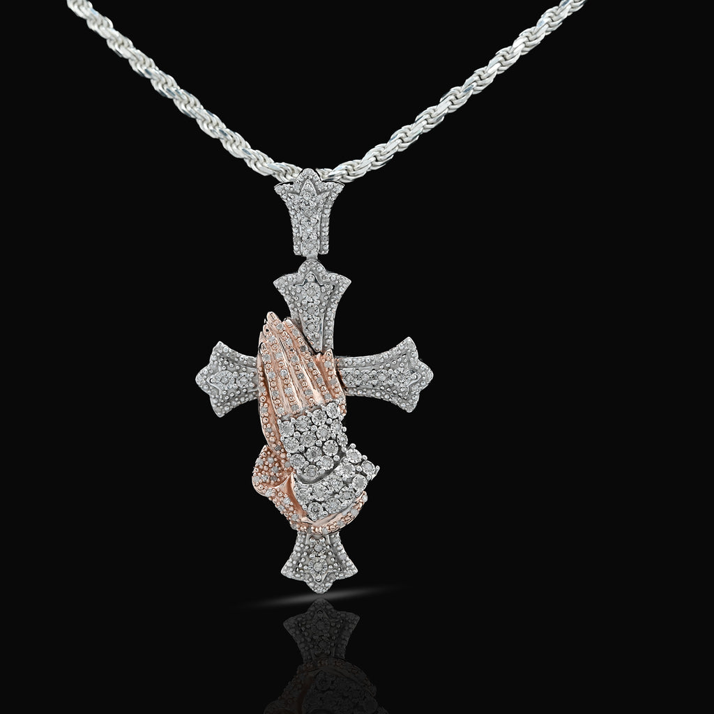 925 Natural Diamond 0.60 CTW Religious Cross Charm Praying Hand Pendant 2.25"