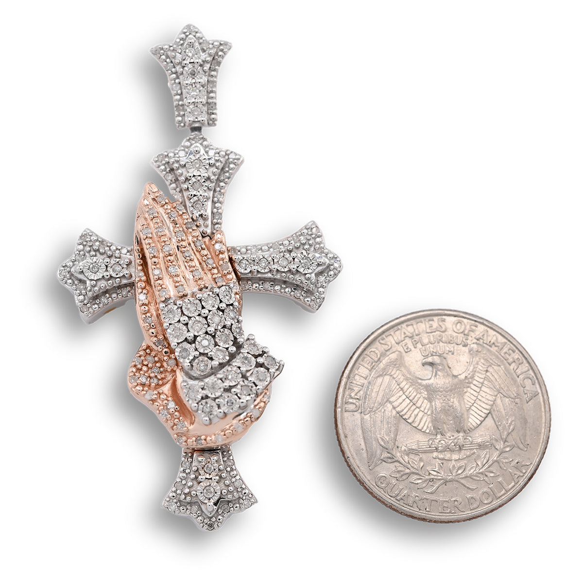 925 Natural Diamond 0.60 CTW Religious Cross Charm Praying Hand Pendant 2.25"