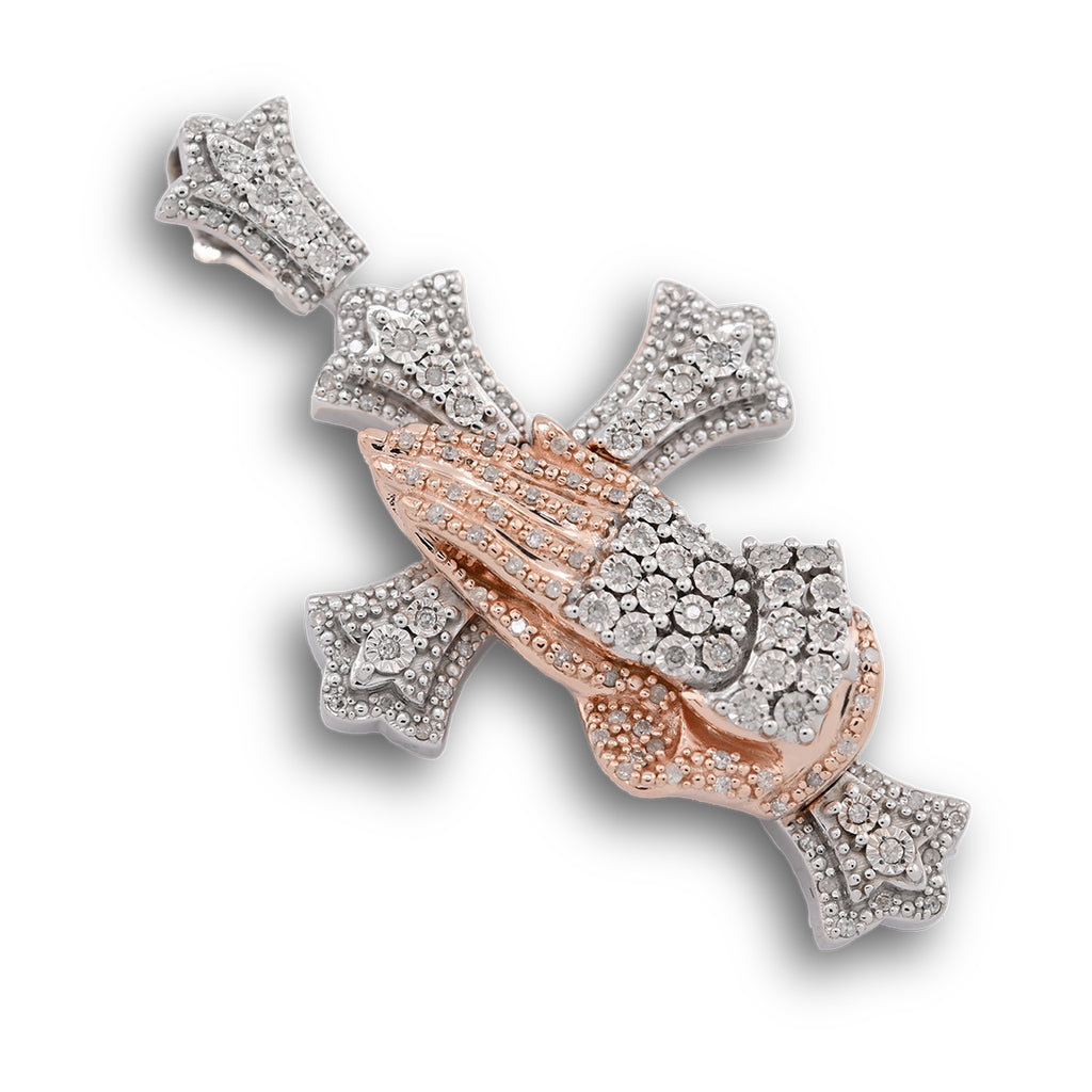 925 Natural Diamond 0.60 CTW Religious Cross Charm Praying Hand Pendant 2.25"