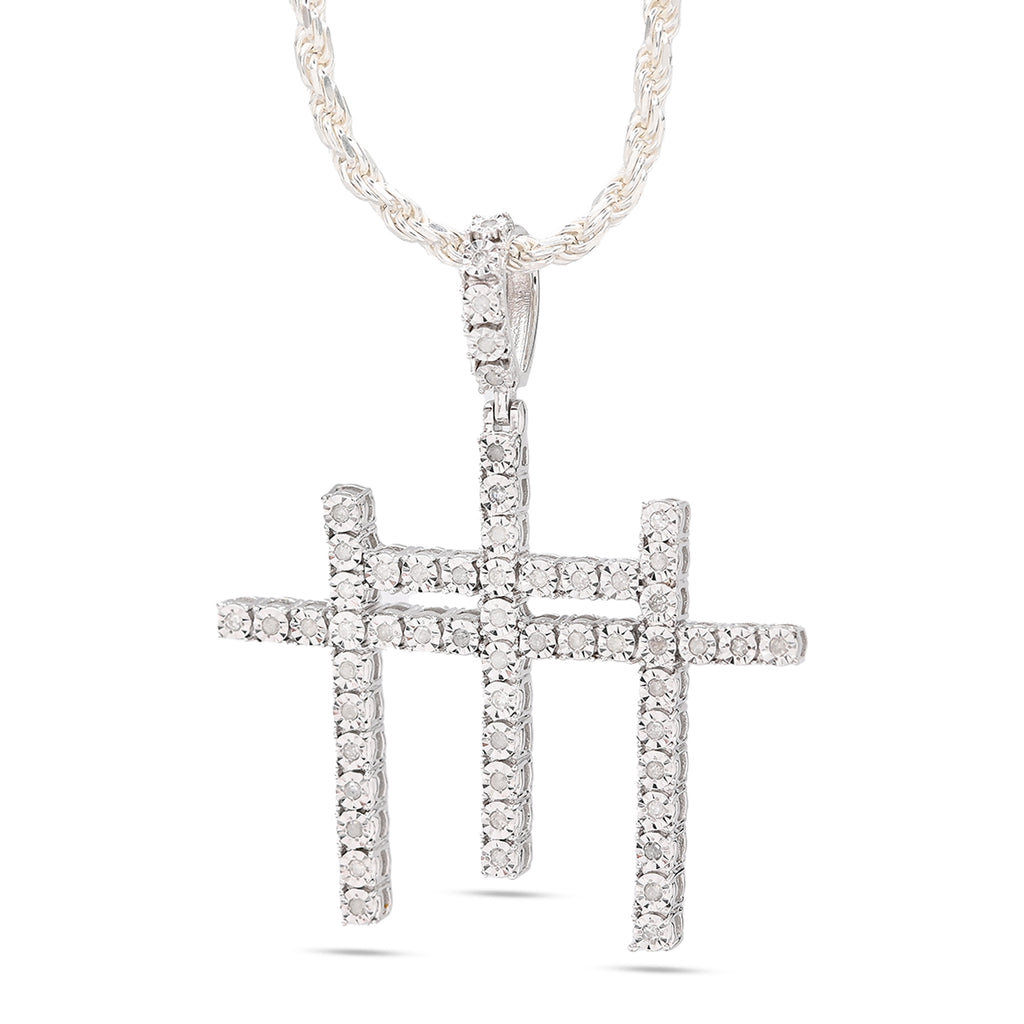 925 Natural Diamond 0.55 CTW Religious Three Cross Charm Men Pendant