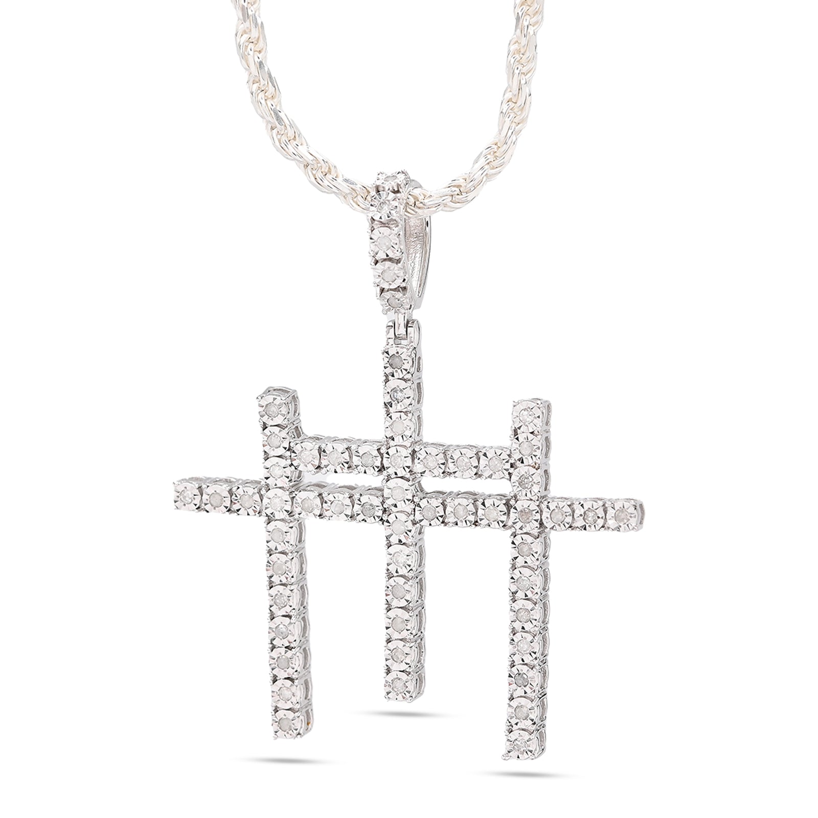 925 Natural Diamond 0.55 CTW Religious Three Cross Charm Men Pendant