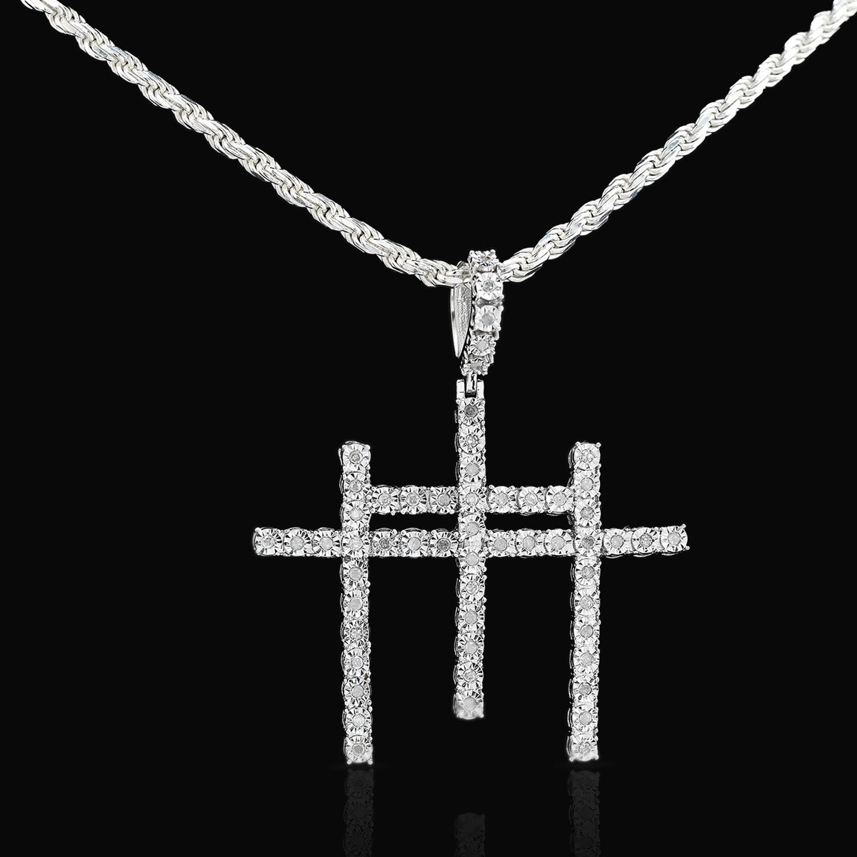 925 Natural Diamond 0.55 CTW Religious Three Cross Charm Men Pendant