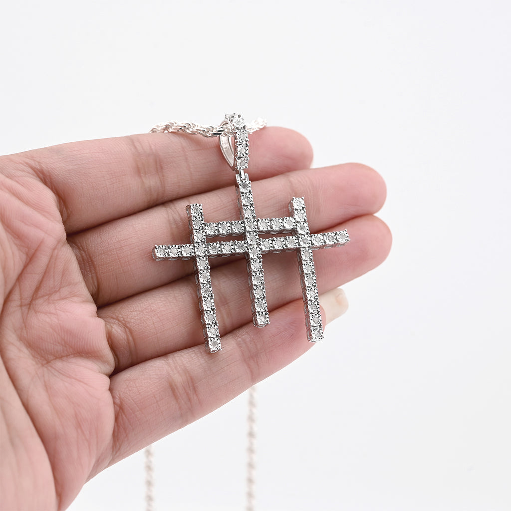 925 Natural Diamond 0.55 CTW Religious Three Cross Charm Men Pendant