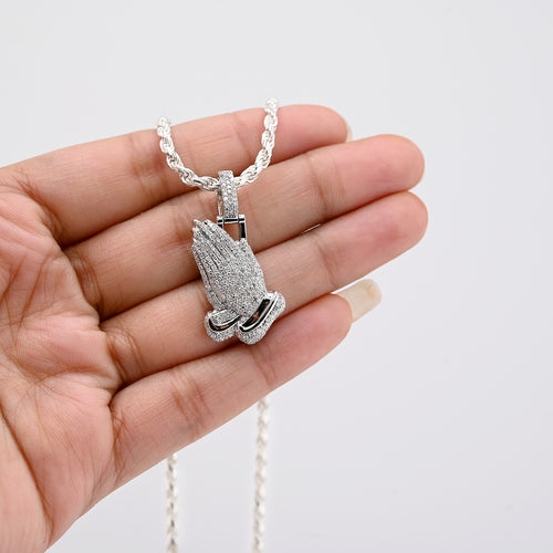 10k White Gold 1CT Natural Diamond Religious Praying Hand Pendant Charm Men Women