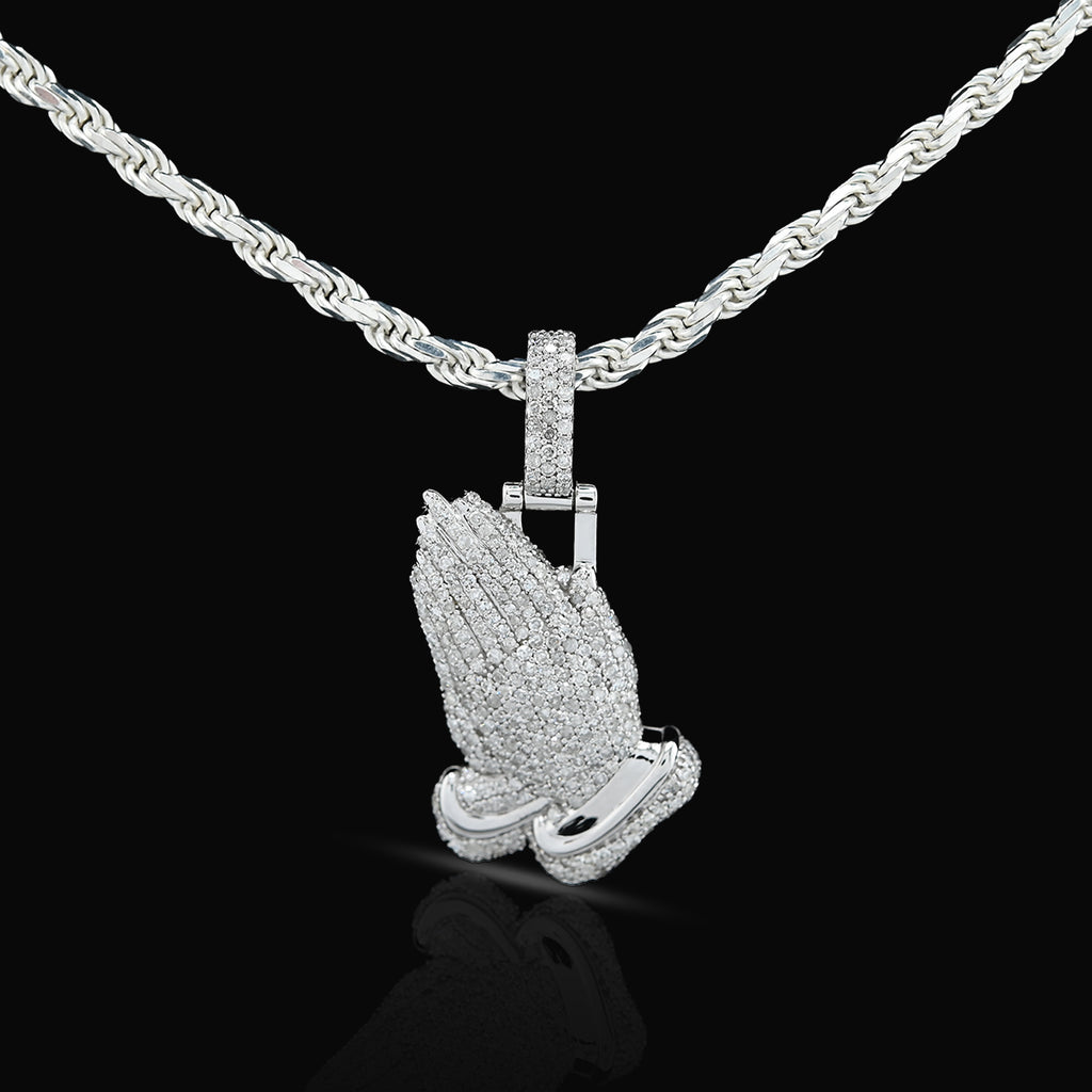 10k White Gold 1CT Natural Diamond Religious Praying Hand Pendant Charm Men Women