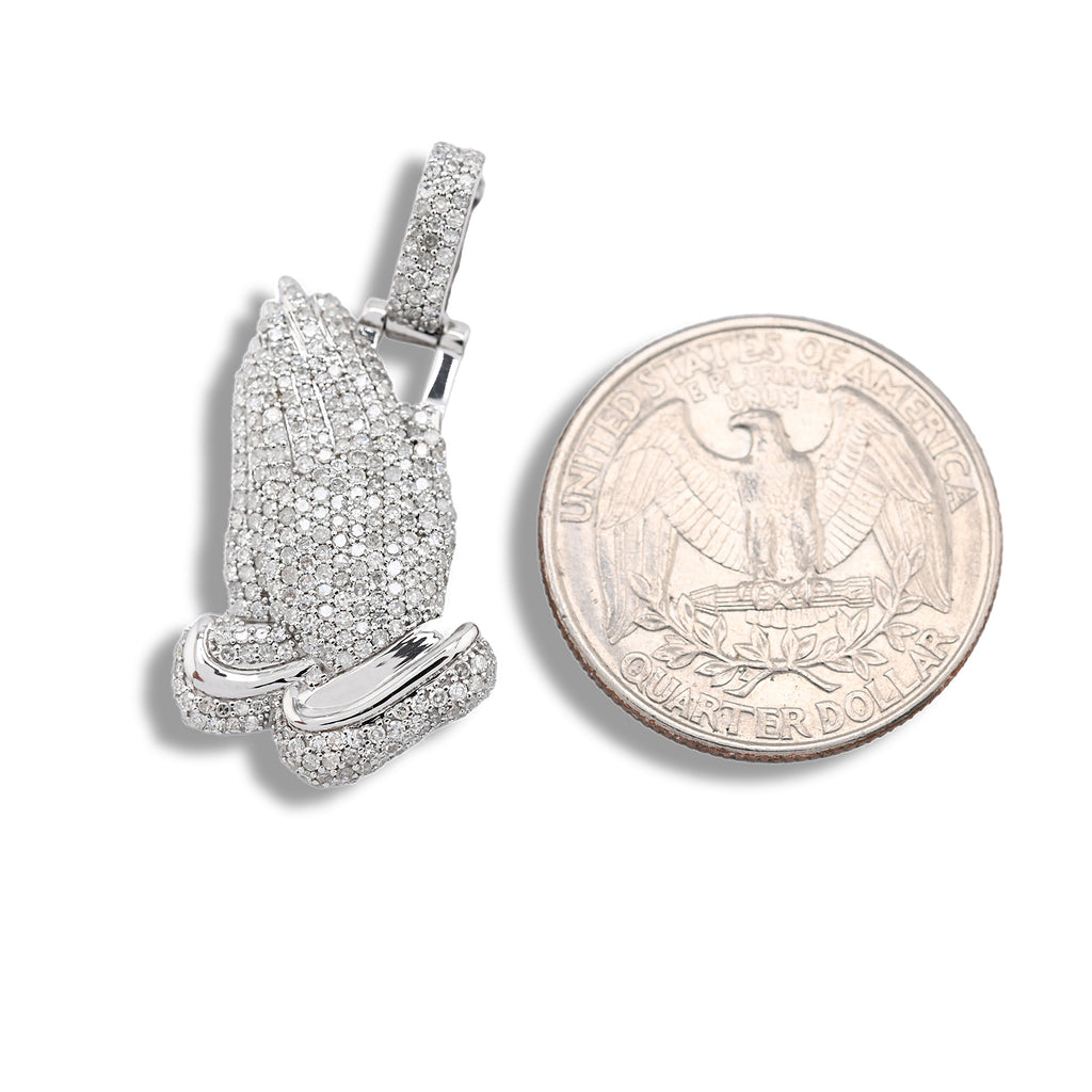 10k White Gold 1CT Natural Diamond Religious Praying Hand Pendant Charm Men Women