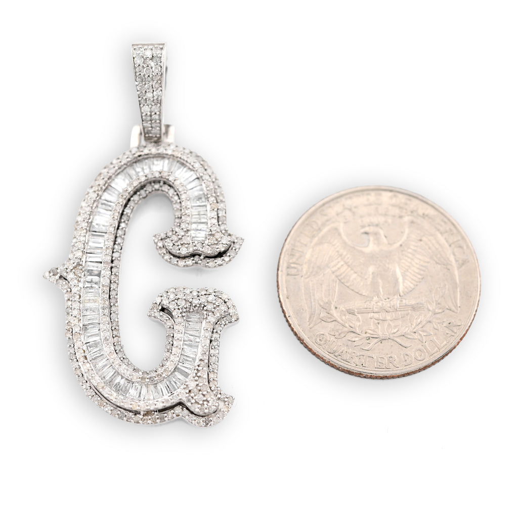 925 Natural Diamond 1.75CT Round and Baguette "G" Initial Alphabet Pendant
