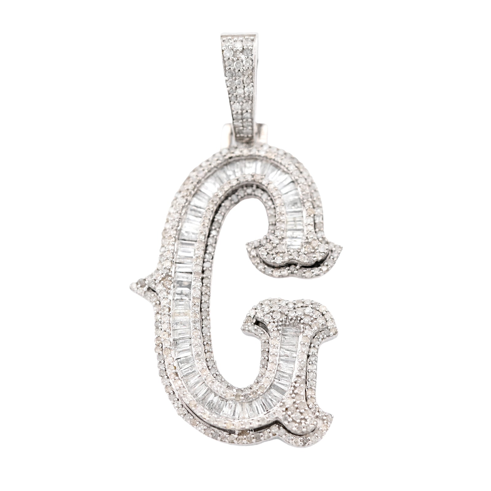 925 Natural Diamond 1.75CT Round and Baguette "G" Initial Alphabet Pendant