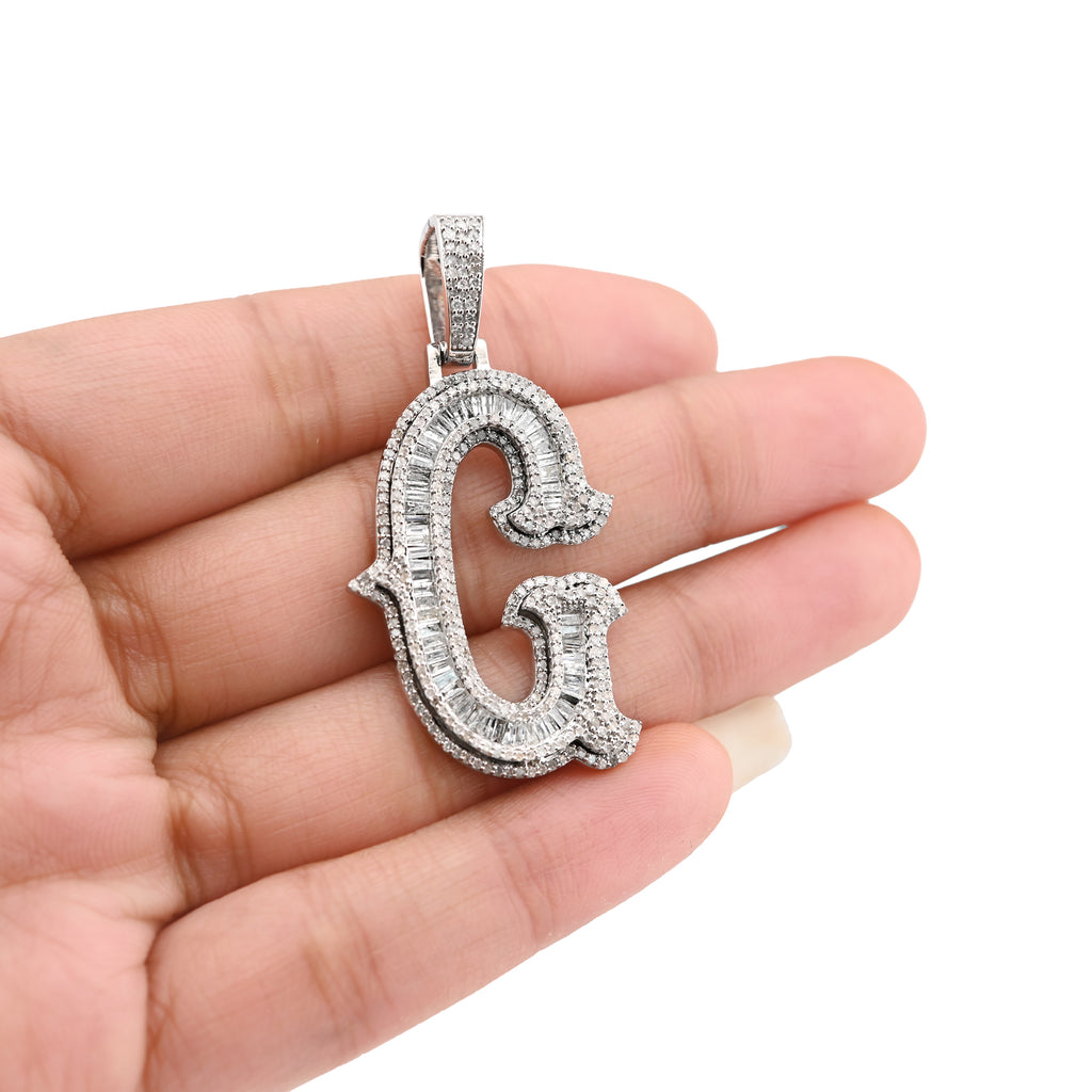 925 Natural Diamond 1.75CT Round and Baguette "G" Initial Alphabet Pendant