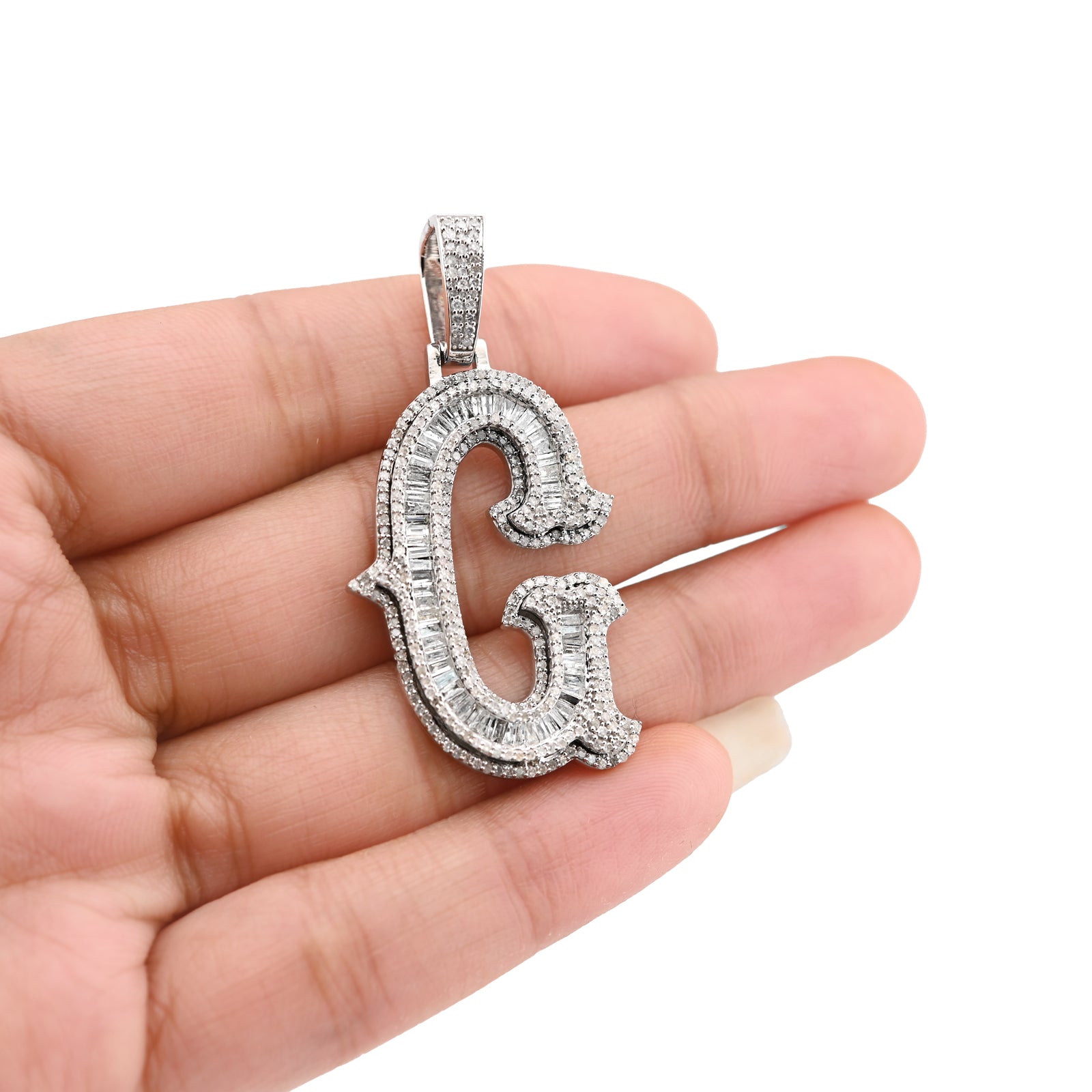 925 Natural Diamond 1.75CT Round and Baguette "G" Initial Alphabet Pendant