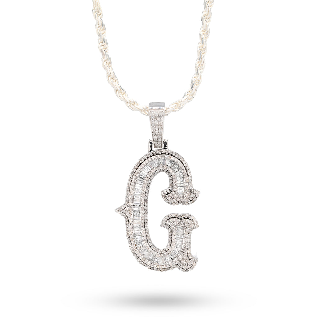 925 Natural Diamond 1.75CT Round and Baguette "G" Initial Alphabet Pendant