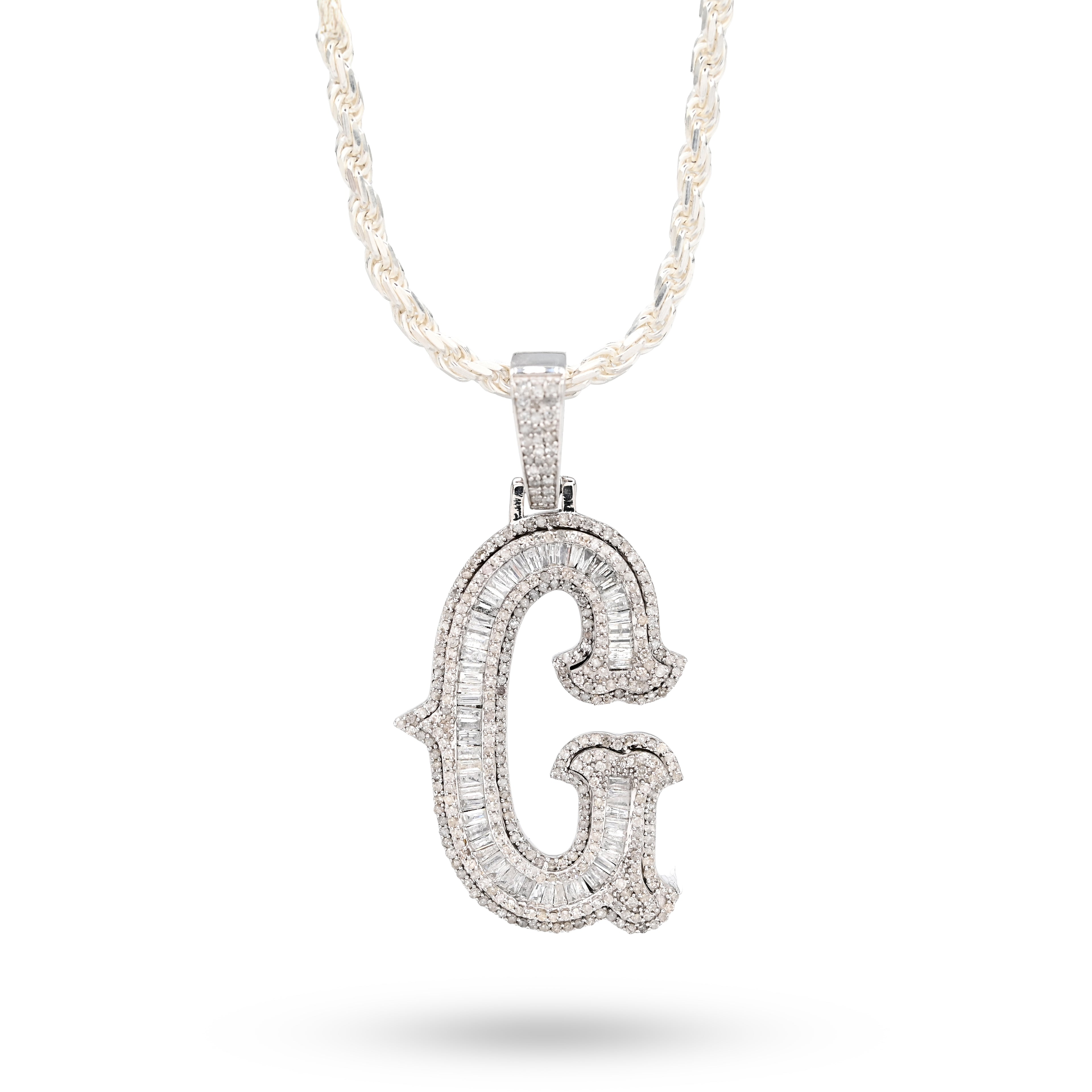 925 Natural Diamond 1.75CT Round and Baguette "G" Initial Alphabet Pendant