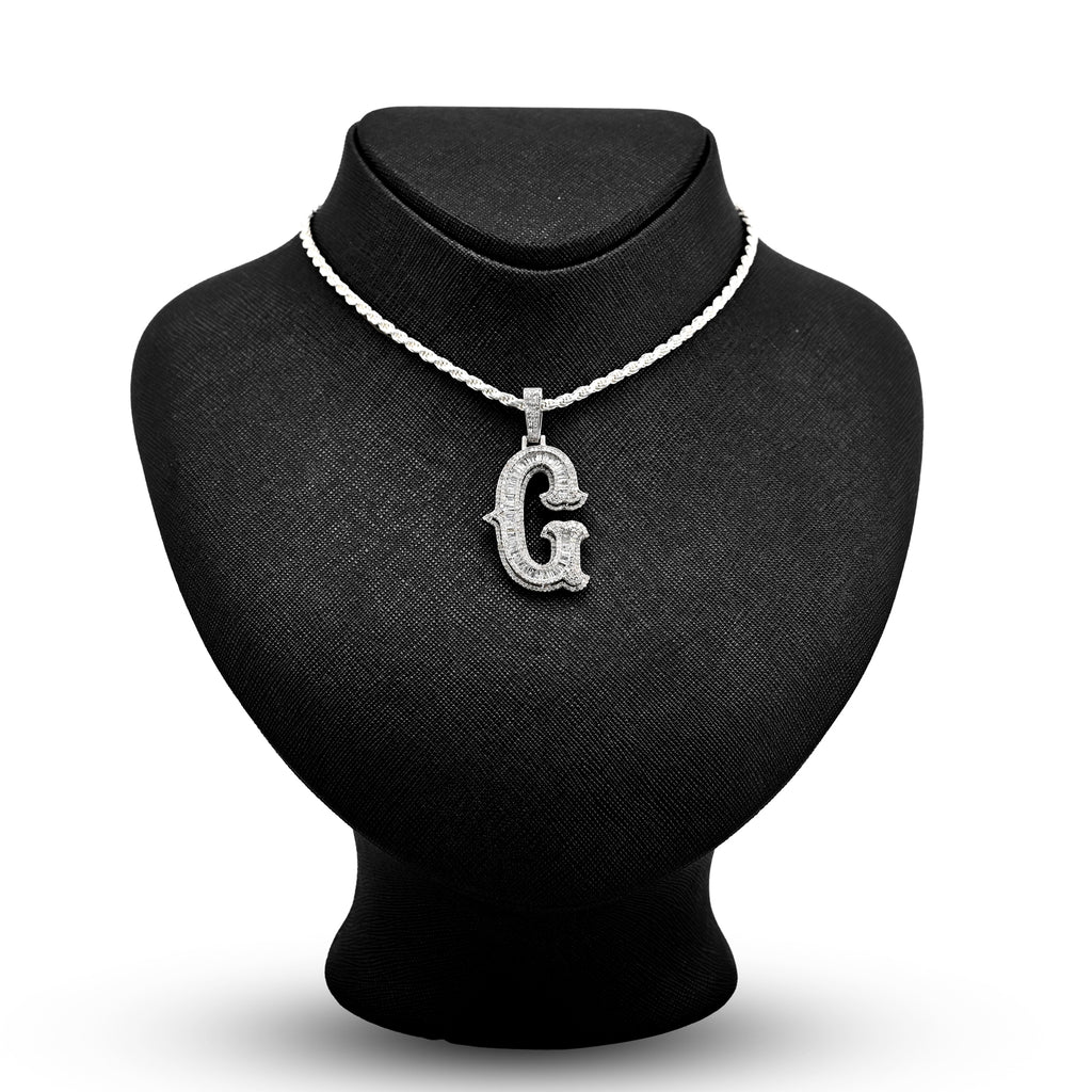 925 Natural Diamond 1.75CT Round and Baguette "G" Initial Alphabet Pendant
