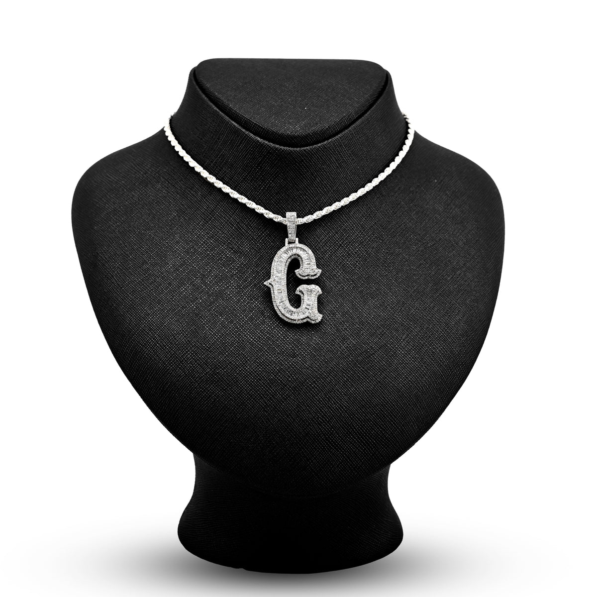 925 Natural Diamond 1.75CT Round and Baguette "G" Initial Alphabet Pendant