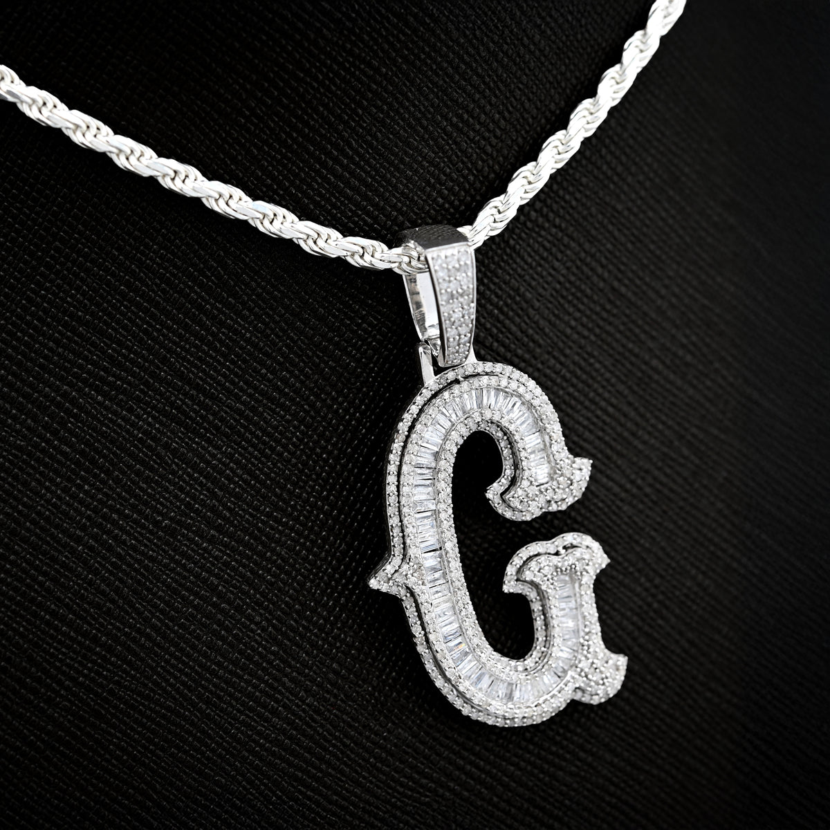 925 Natural Diamond 1.75CT Round and Baguette "G" Initial Alphabet Pendant