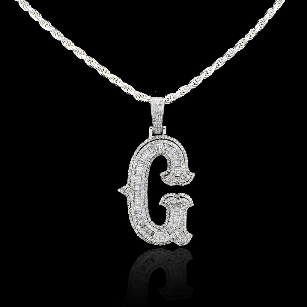 925 Natural Diamond 1.75CT Round and Baguette "G" Initial Alphabet Pendant