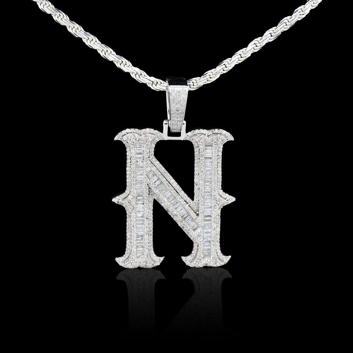 925 Natural Diamond 2CT Round and Baguette "N" Initial Alphabet Pendant