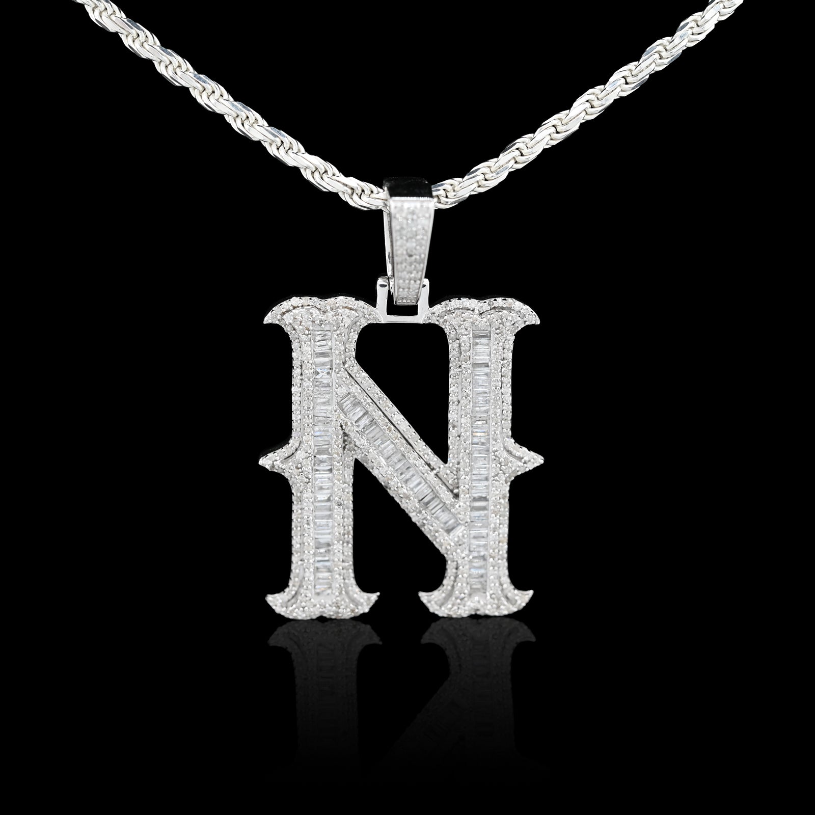 925 Natural Diamond 2CT Round and Baguette "N" Initial Alphabet Pendant