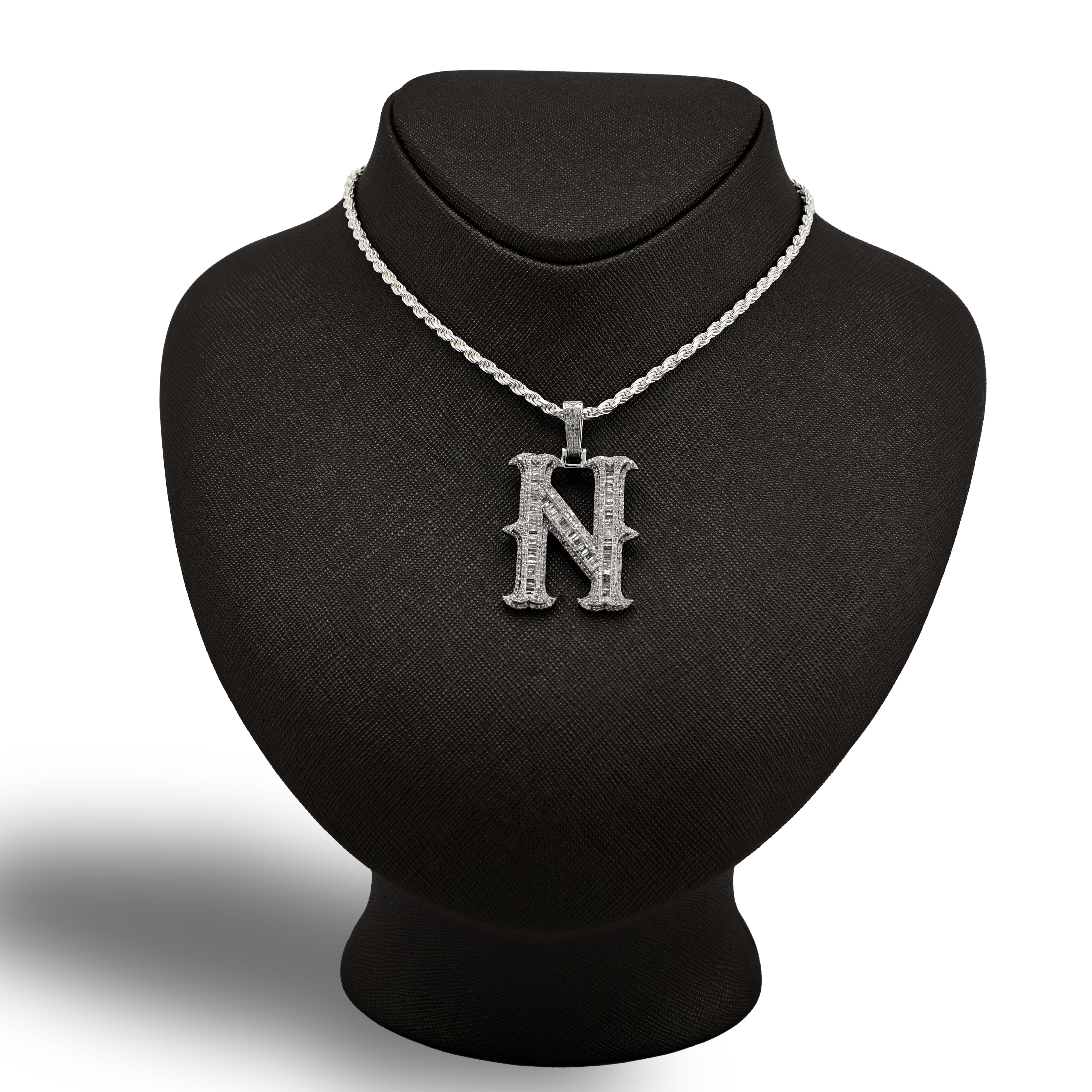 925 Natural Diamond 2CT Round and Baguette "N" Initial Alphabet Pendant