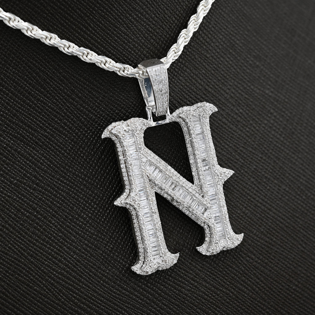 925 Natural Diamond 2CT Round and Baguette "N" Initial Alphabet Pendant