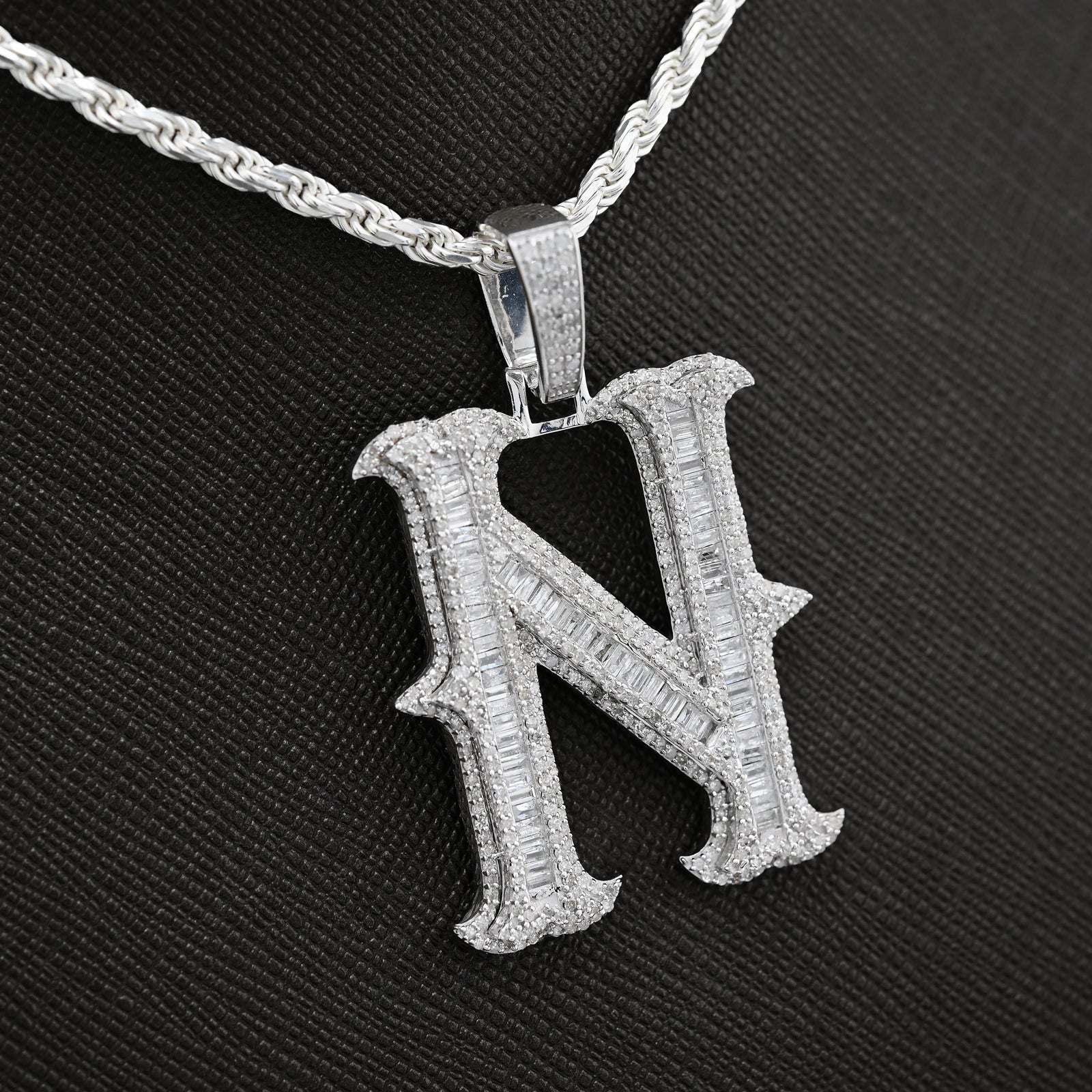 925 Natural Diamond 2CT Round and Baguette "N" Initial Alphabet Pendant