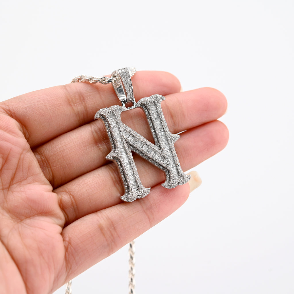 925 Natural Diamond 2CT Round and Baguette "N" Initial Alphabet Pendant