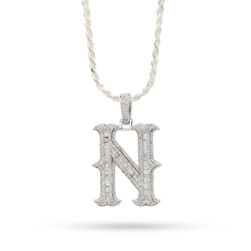 925 Natural Diamond 2CT Round and Baguette "N" Initial Alphabet Pendant