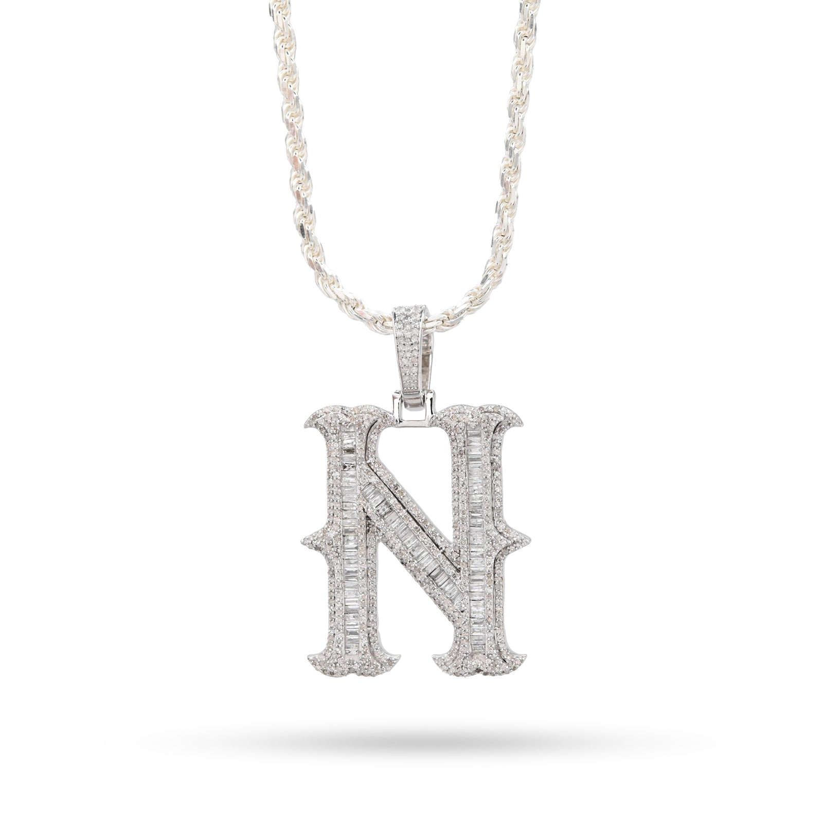 925 Natural Diamond 2CT Round and Baguette "N" Initial Alphabet Pendant