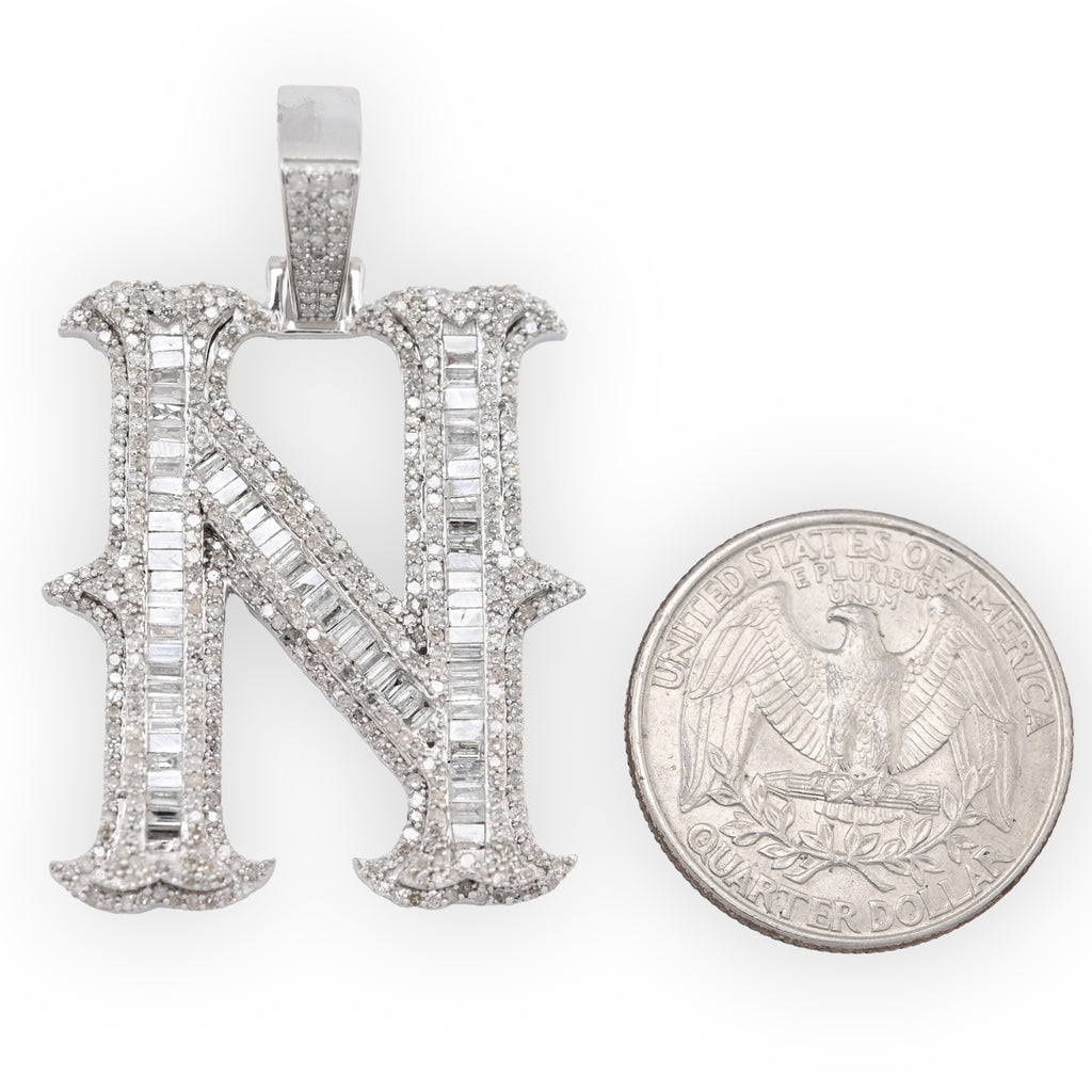 925 Natural Diamond 2CT Round and Baguette "N" Initial Alphabet Pendant