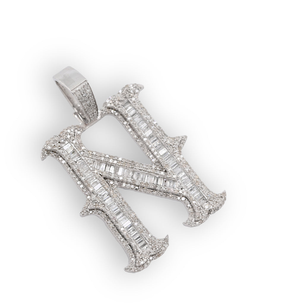 925 Natural Diamond 2CT Round and Baguette "N" Initial Alphabet Pendant