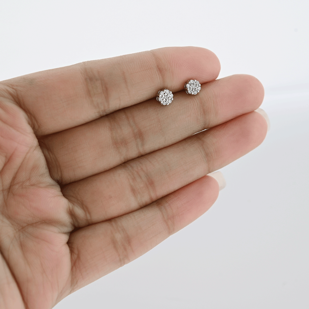 10K White Gold 0.11 CT Natural Diamond Flower Stud Men Women Earrings