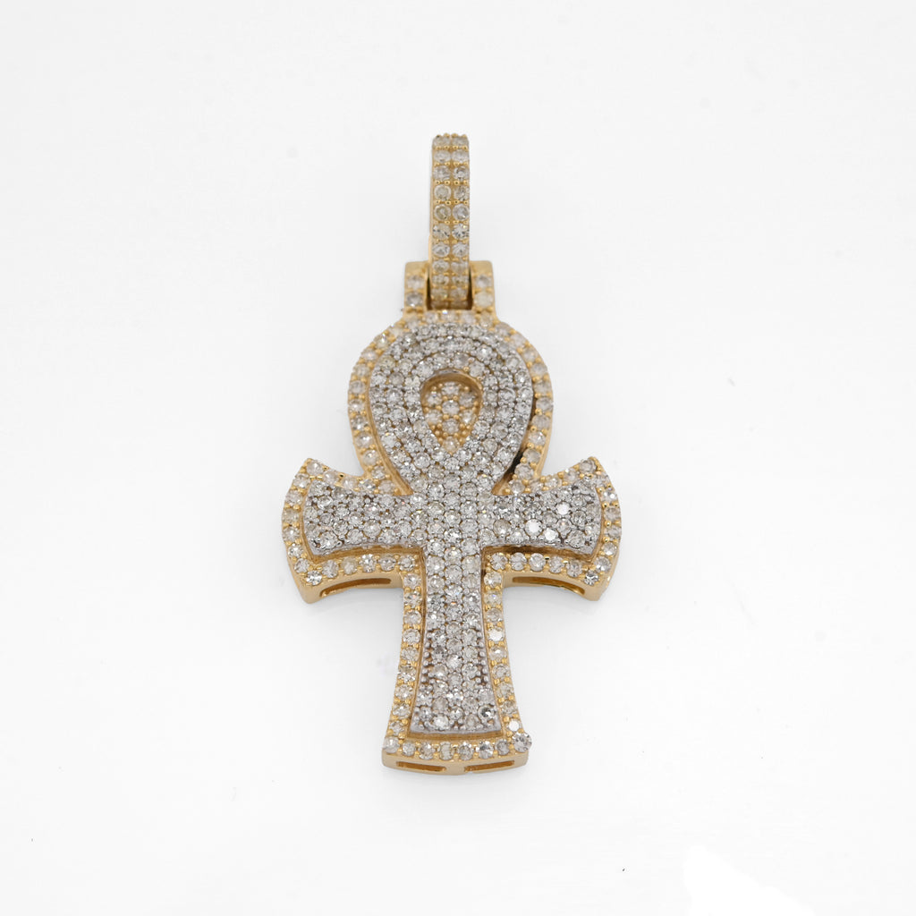 10K Yellow & White Gold 2 Tone 0.88CT Natural Diamond Egyptian Cross Pendant 1.4" Men Women Charm