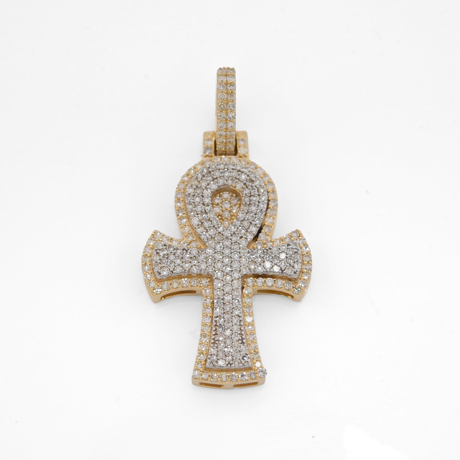 10K Yellow & White Gold 2 Tone 0.88CT Natural Diamond Egyptian Cross Pendant 1.4" Men Women Charm