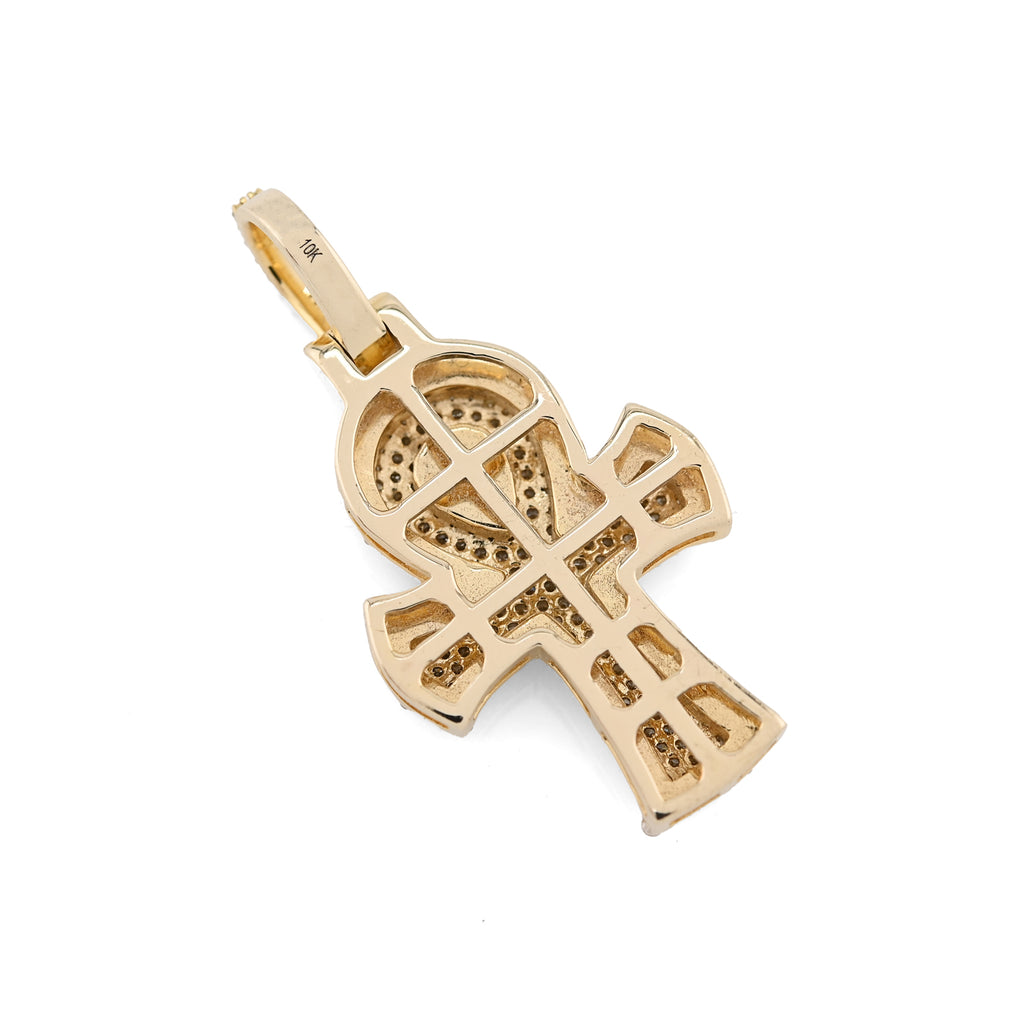 10K Yellow & White Gold 2 Tone 0.88CT Natural Diamond Egyptian Cross Pendant 1.4" Men Women Charm
