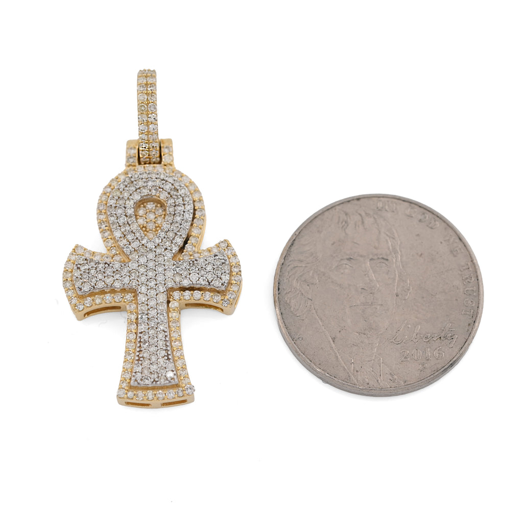 10K Yellow & White Gold 2 Tone 0.88CT Natural Diamond Egyptian Cross Pendant 1.4" Men Women Charm